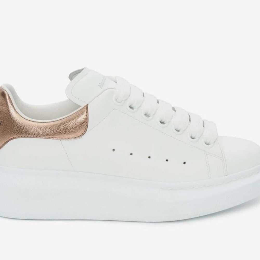 Alexander McQueen White Leather Sneakers with Metallic Gold Heel Accent